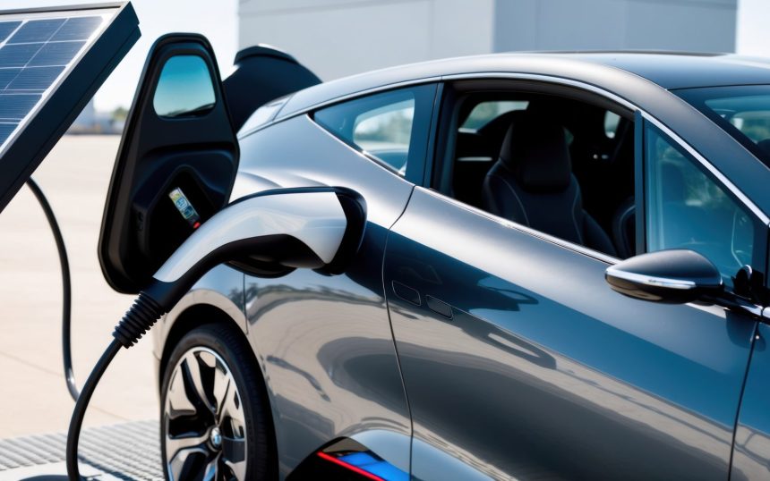 A closeup of a sleek electric vehicle charging, symbolizing modern eco friendly transport